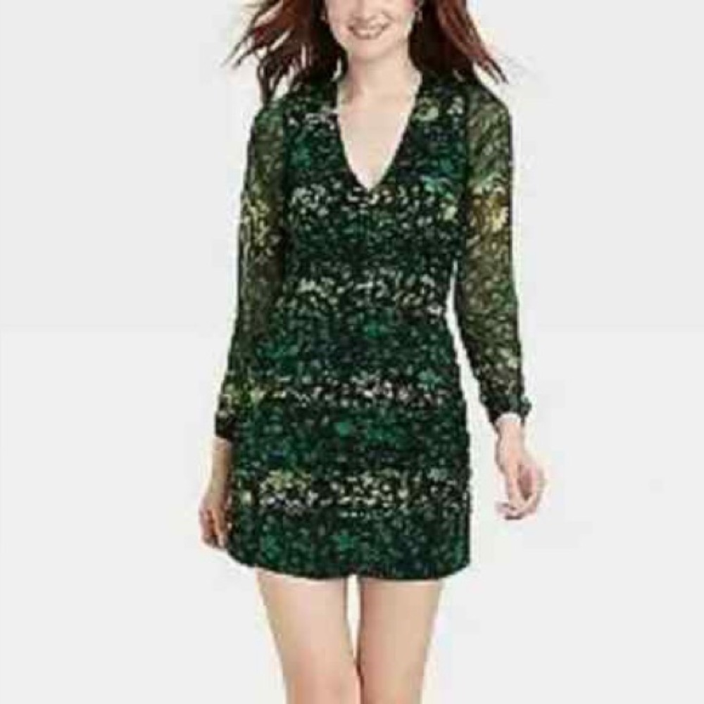 Women's Size L Long Sleeve V-Neck Ruched Front Bodycon Dress Green Vine #1959